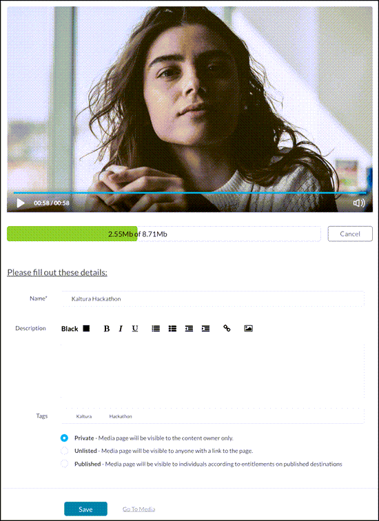 Kaltura Recorder upload screen with metadata entry options.