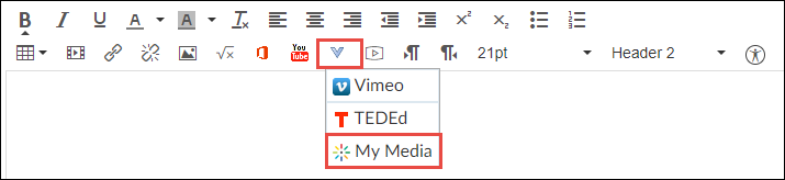 Canvas rich text editor with External Tools and My Media selected. Canvas rich text editor with External Tools and My Media selected.