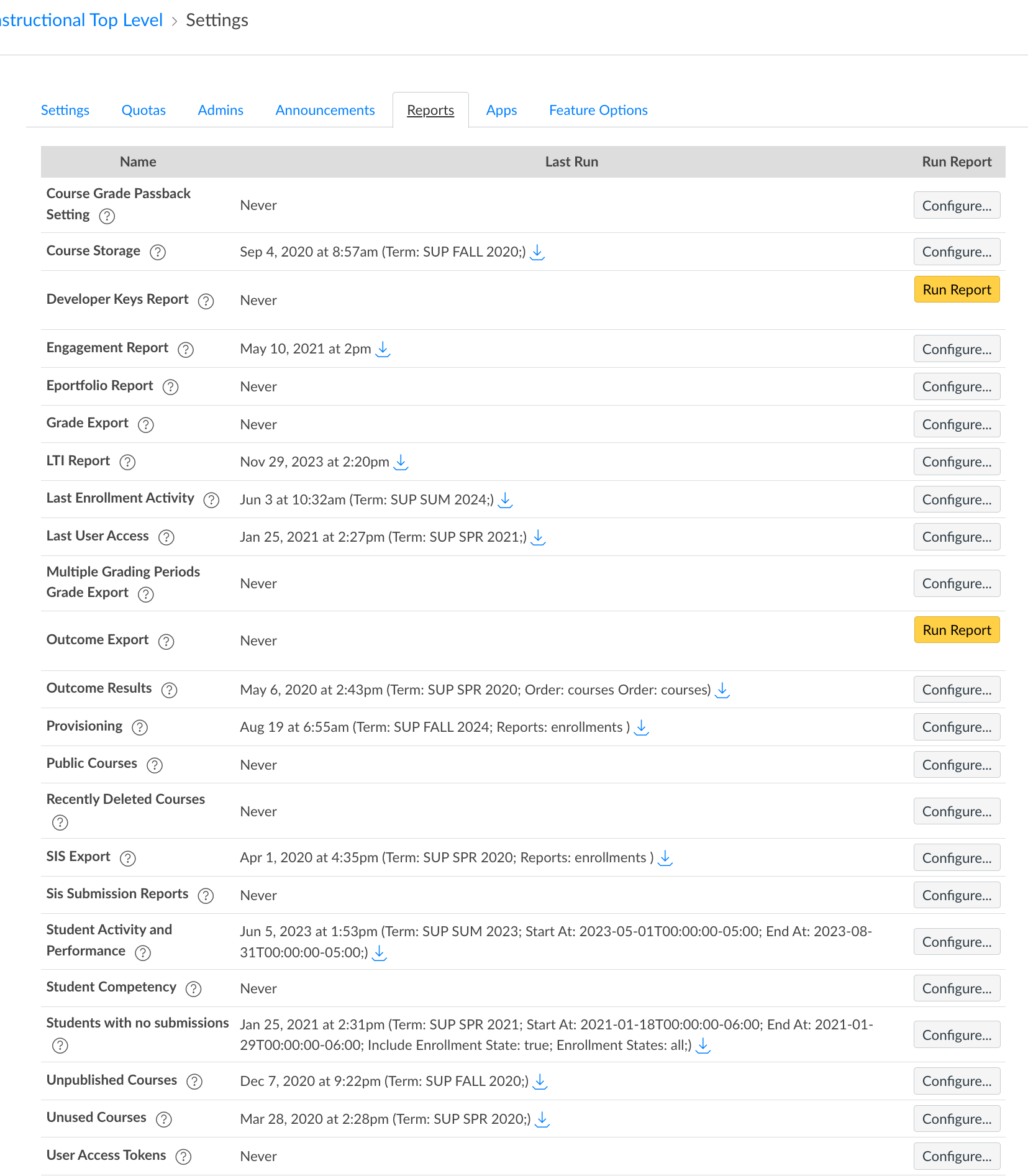 Screenshot shows the Canvas Settings page, with the Reports tab selected. The available reports are listed in a table with three columns: Name, Last Run, and Run Report. About 25 reports are listed.