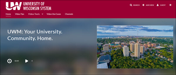 UW System Mediaspace homepage, with campus video for UW Milwaukee in the image carousel.