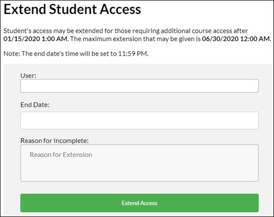 Extend Student Access form.