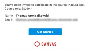 Canvas email Course Invitation with Get Started button.