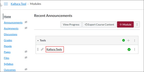 Kaltura Tools course with Kaltura Tool link highlighted.