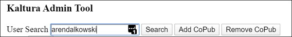 Kaltura Admin Tool's "User Search" box with a name entered in the search box. Kaltura Admin Tool's "User Search" box with a name entered in the search box.