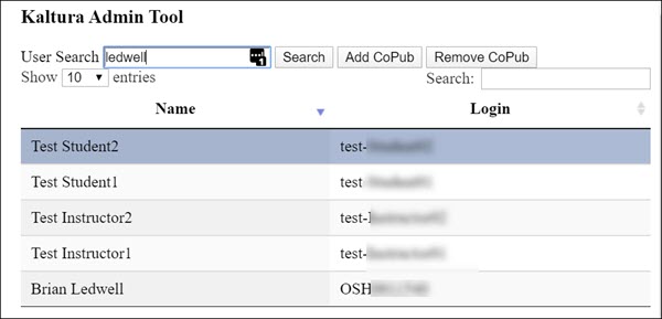 Kaltura Admin Tool displaying five search results for the name "Ledwell." Kaltura Admin Tool displaying five search results for the name "Ledwell."