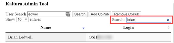 Kaltura Admin Tool with an additional search parameter entered in the additional Search bar. One result found. Kaltura Admin Tool with an additional search parameter entered in the additional Search bar. One result found.