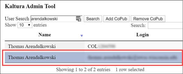 Kaltura Admin Tool with two search results. One search result selected.