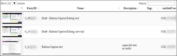 Kaltura Admin Tool page displaying list of videos owned by a sample user account.