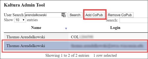 Kaltura Admin Tool with the Add CoPub button highlighted. Kaltura Admin Tool with the Add CoPub button highlighted.