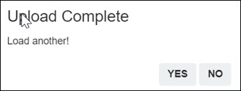 Upload Complete dialog box with buttons for Yes or No.