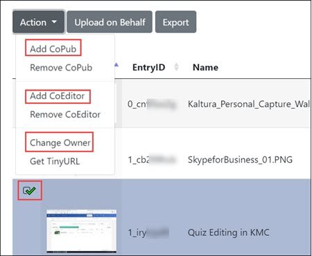 Kaltura Admin Tool Actions menu, with CoPub, CoEditor, and Change Owner highlighted