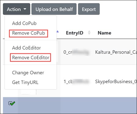 Kaltura Admin Tool Actions menu with Remove CoPub and Remove CoEditor options highlighted