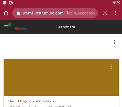 A view of a person's Dashboard in Chrome on Androd. An arrow points ot the hamburger icon in the corner.