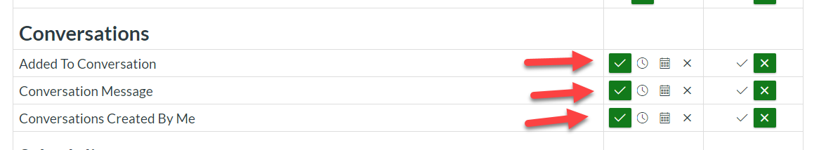 A view of the Conversations heading and checkboxes. Three green checkboxes appear to the right of each option.