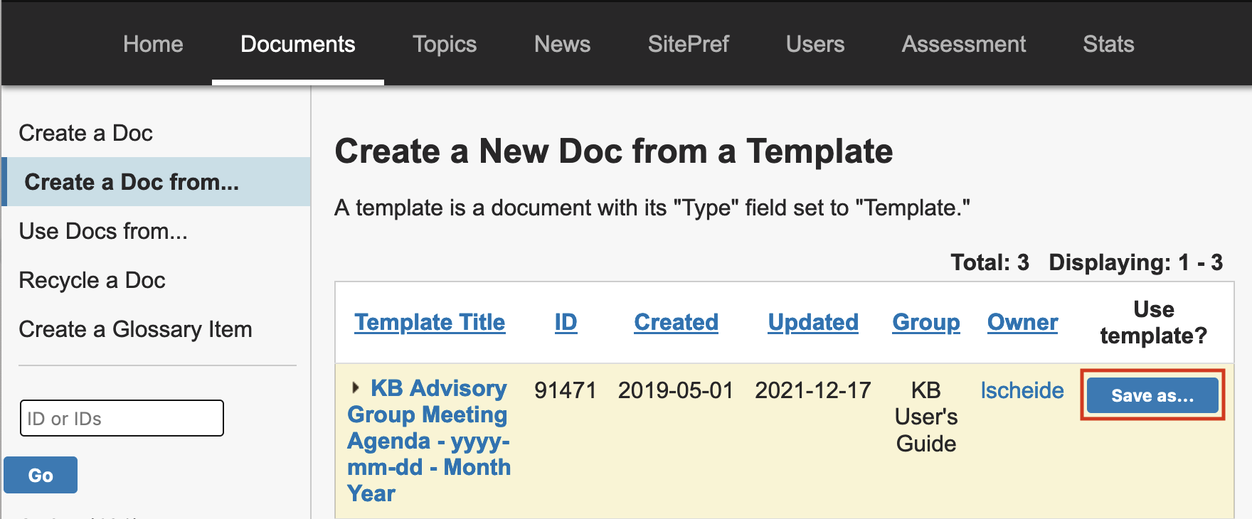 Screenshot of the "Create a new doc from template screen", which can be accessed from the left side navigation.