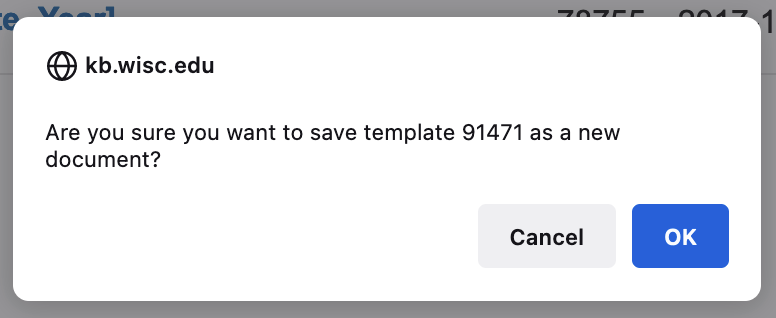 The pop-up reads, "Are you sure you want to save template 91471 as a new document?" and has "Cancel" and "OK" buttons.