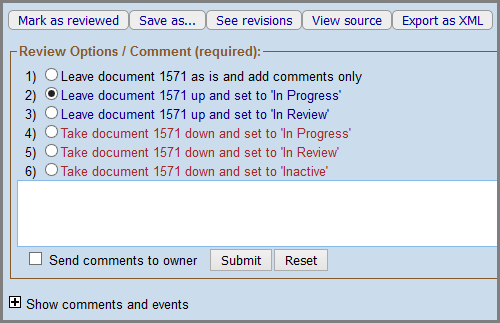 Review options available for those with Publish permissions - 6 radio buttons
