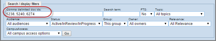 Search and display filters to help find existing documents. Example document IDs shown.