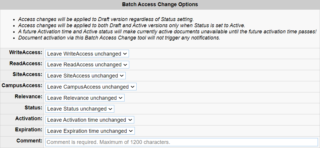 Fields available to change in Batch Access