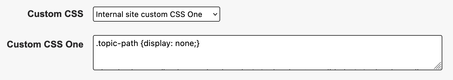The Custom CSS dropdown should have a value selected that matches the CSS field below that you are using for your custom CSS. For example, if you are adding your custom CSS to the Custom CSS One field for your internal site, the Custom CSS dropdown should be set to Internal site custom CSS one.