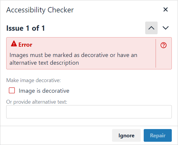 TinyMCE accessibility checker displaying a repairable issue with missing alt text