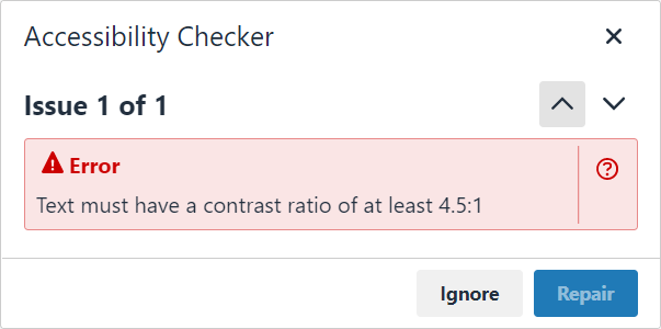 TinyMCE accessibility checker displaying an issue with color contrast