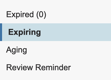 The "Expiring" link can be found in the left-hand navigation grouped with "Expired", "Aging", and "Review Reminder"