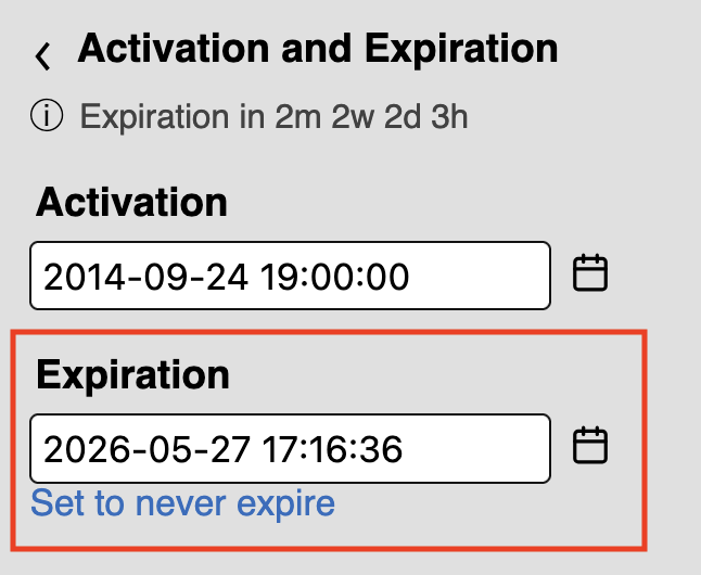 The Expiration field is a timestamp field that can be manually edited or updated with a calendar picker.