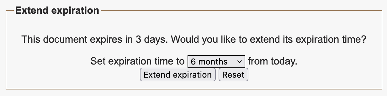 An "Extend Expiration" section will appear on the submission confirmation screen if a document is approaching expiration. This section includes a dropdown that allows you to select a time range for extension, e.g. six months.