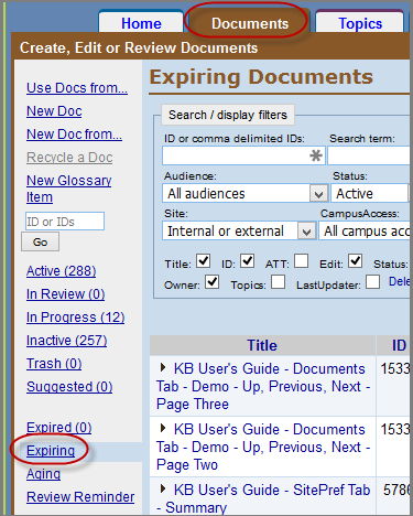 Expiring documents link in the left side bar of the documents tab in the KB admin tools