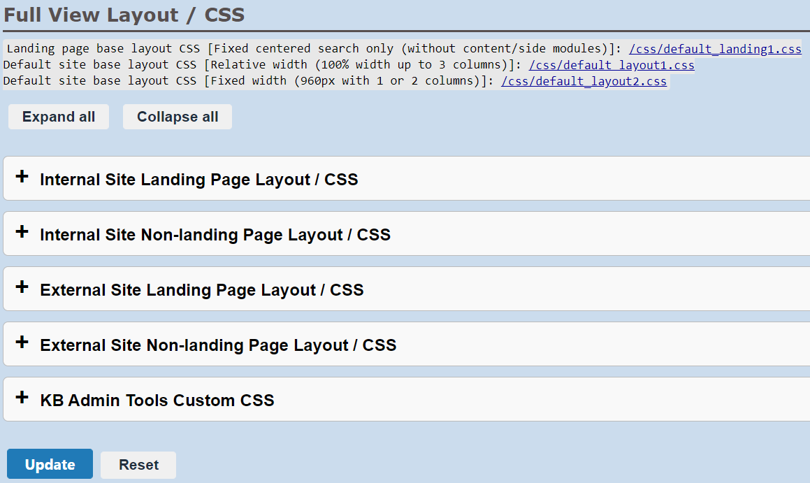 Full View Layout / CSS screen showing links at the top of the page and 5 expanding/collapsing panels