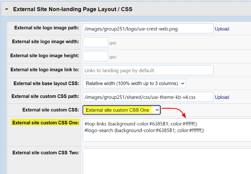 External Site Non-landing page layout / CSS attributes and custom CSS fields