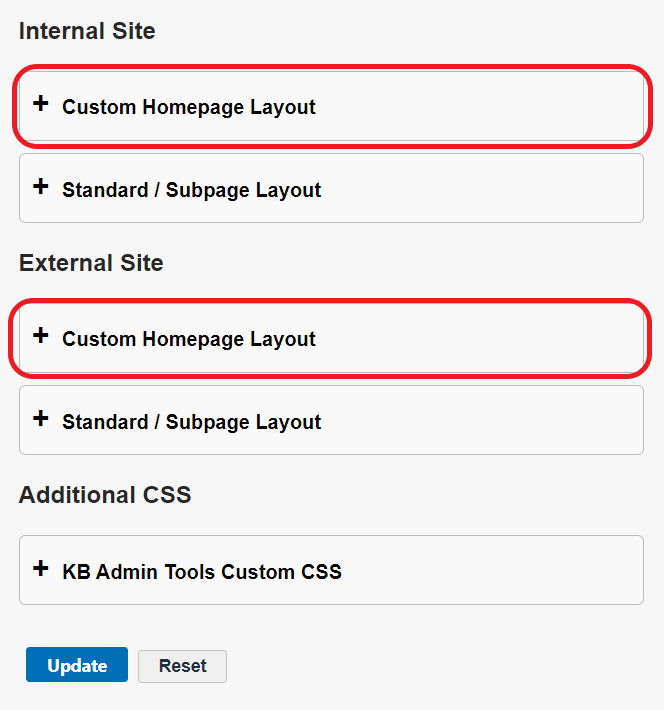 The Custom Homepage Layout sections of the Layout screen are circled in red.