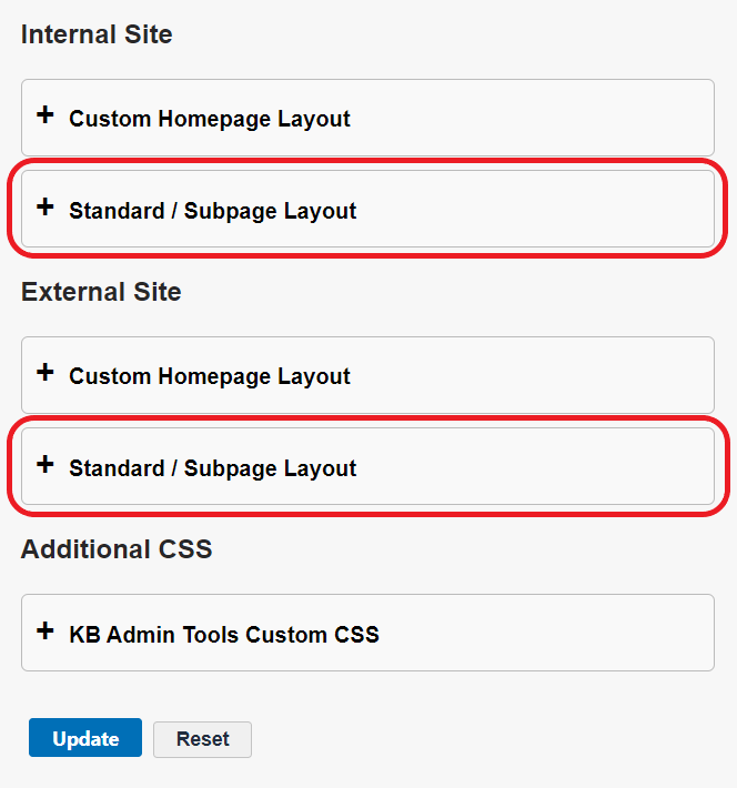 The Standard / Subpage Layout sections of the Layout screen are circled in red.