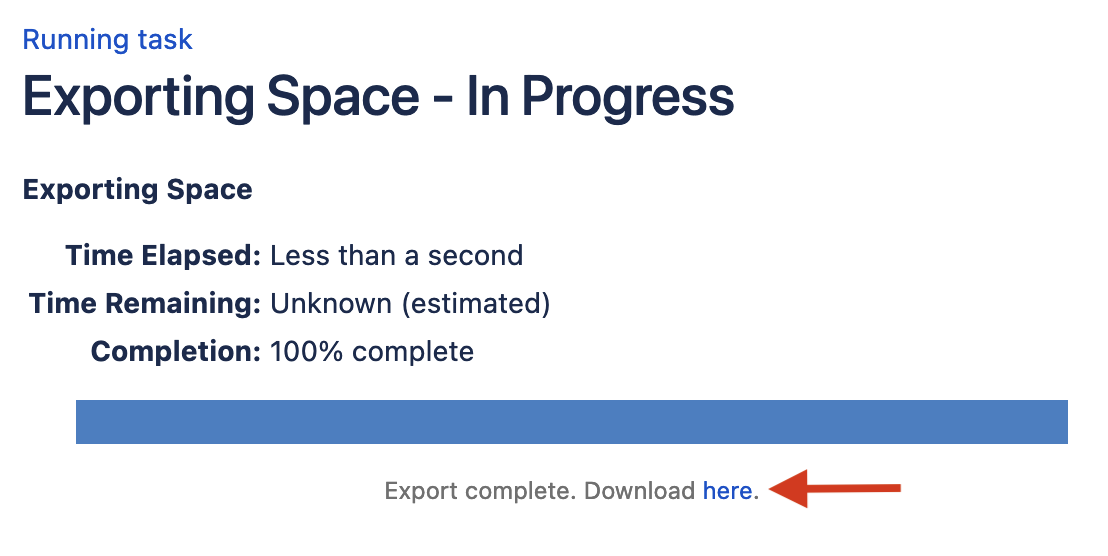 The success message and link to download the exported file will appear directly below the progress bar when it reaches 100 percent.
