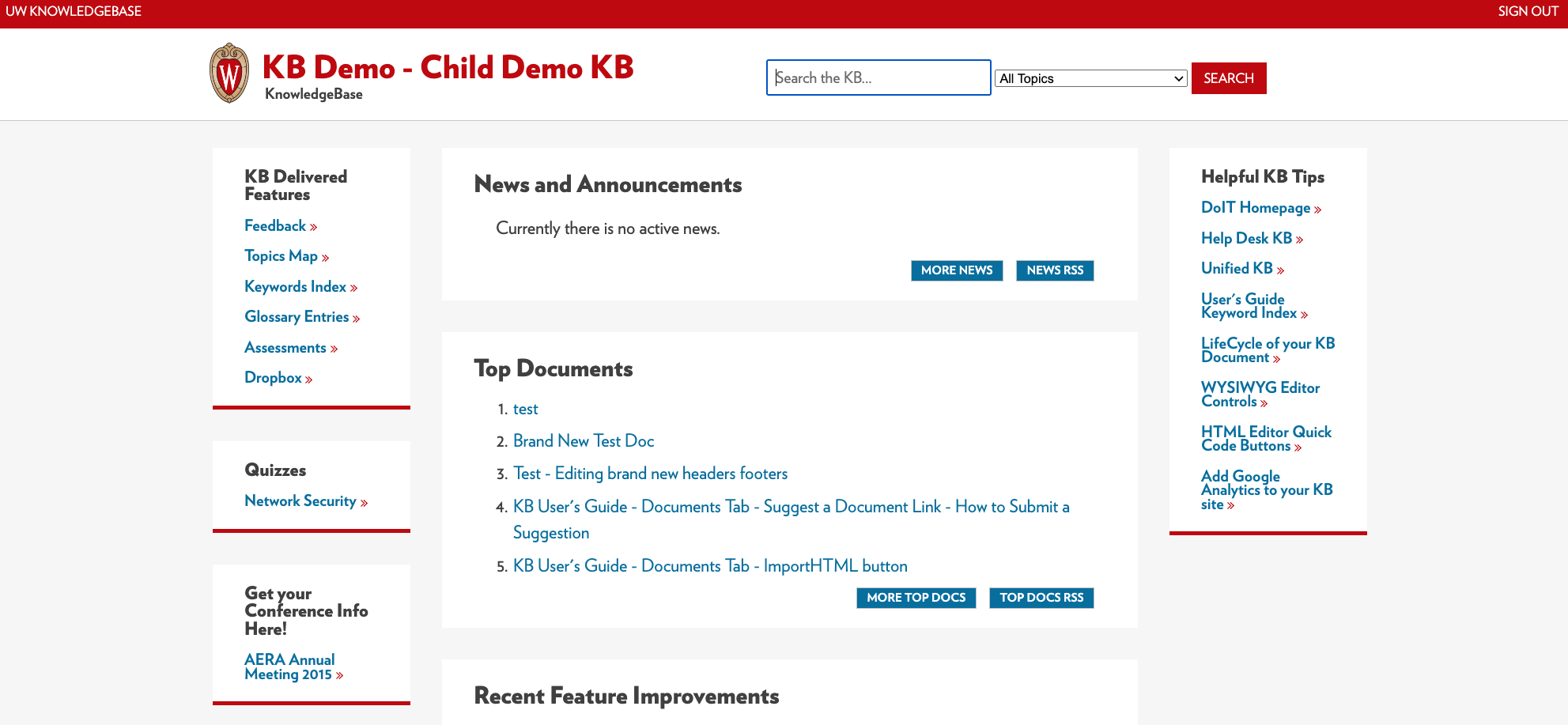 100% width layout example of a KB site with 3 columns of content