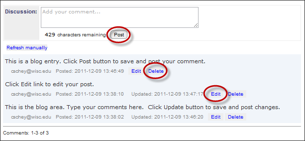 Blog style comments at the bottom of a KB blog document highlighting the post, delete, and edit buttons 