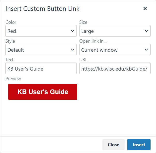 popup window displaying options to customize the kb custom buttons
