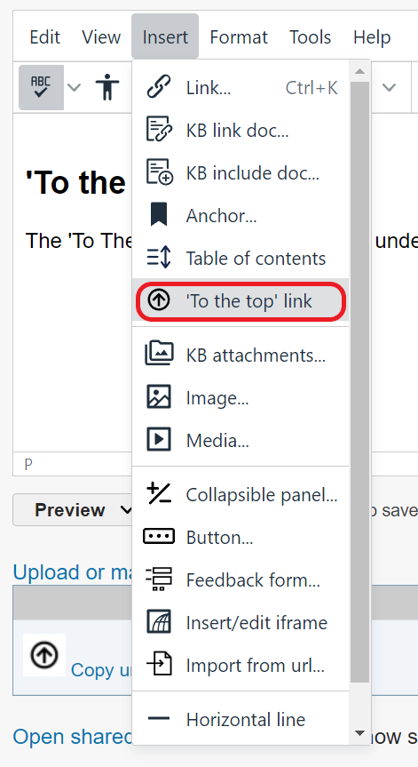 The body of the document edit screen. The Insert menu is opened and the 'To the top' link option is circled in red.