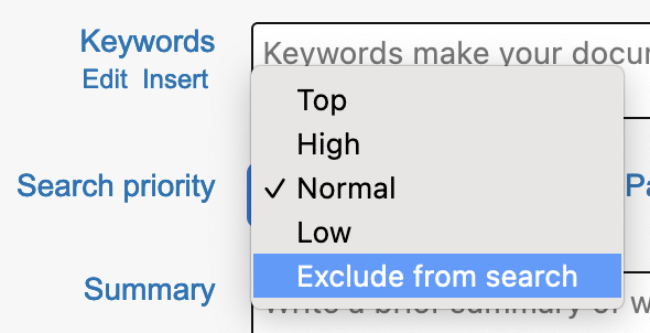 Screenshot showing the "Search priority" dropdown under the Keywords field opened, with the "Exclude from Search" option highlighted