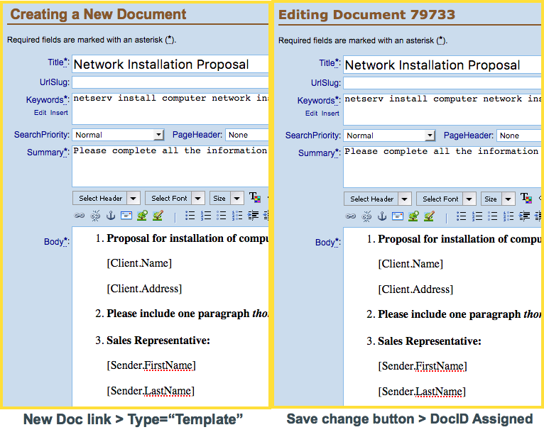 side by side compare of Create New Doc versus Saved doc with a doc ID