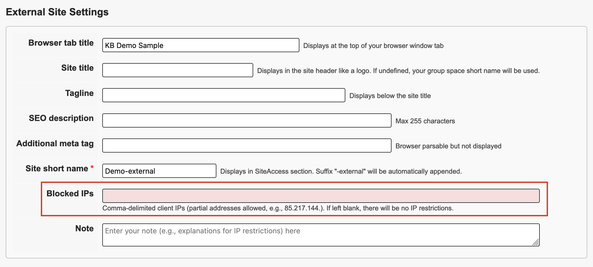 The blocked IPs field will be the seventh field under the external site settings heading, between the site short name and the note fields.