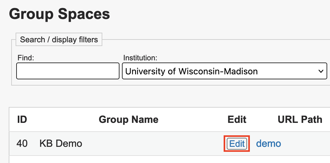 The edit button is located in the third column of the group spaces table