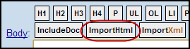 Image showing the ImportHTML button in the Classic editor HTML mode toolbar