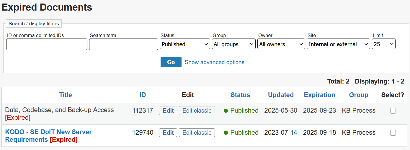 The Expired flag appears in the Title column of the documents list after the title of the document.