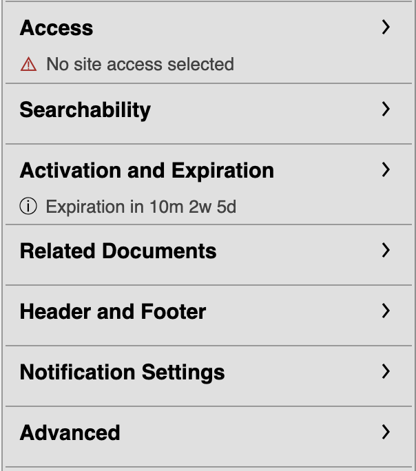 The document settings are collapsed into the panel sections listed below. Information about current settings will be displayed under the section name.