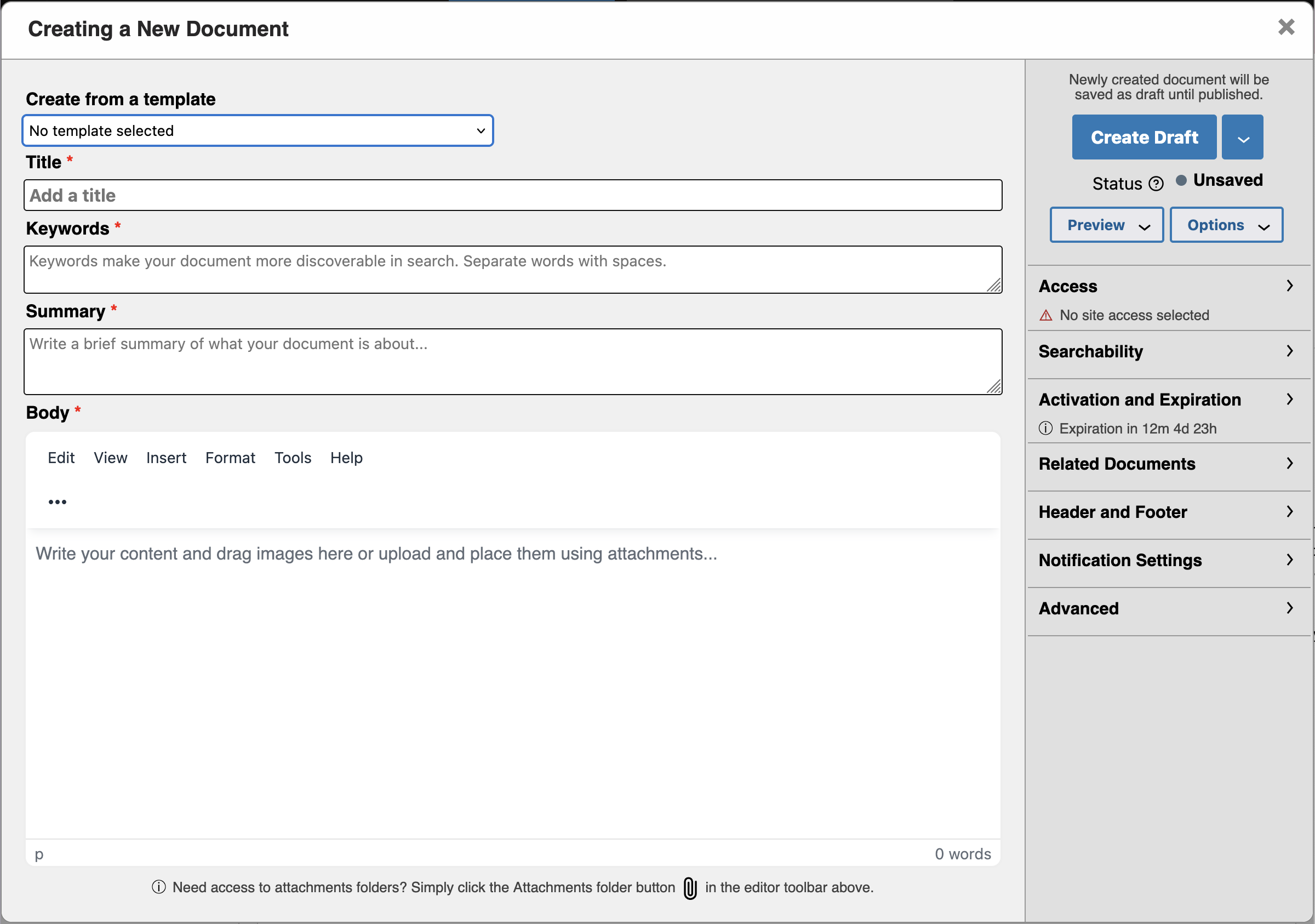The document edit screen consists of two key areas. The first major area is the main edit screen fields. The second area is the side panel, which contains document settings and controls.