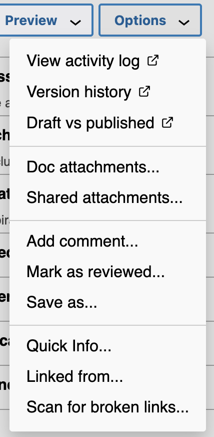The Options menu contains a number of other document actions, which are broadly grouped together by function