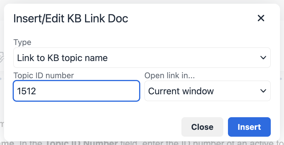 Insert/Edit KB Link Doc window with link to KB topic name selected and 1512 entered as the topic ID number
