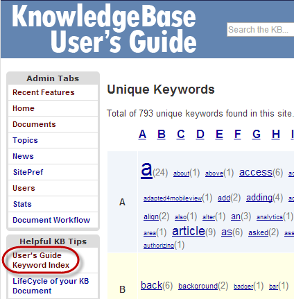 Screenshot showing a portion of the unique keywords page on the live site, which is similar in appearamce to that of the KB Admin Tools. Also shown is a link in a left side module that points to this page.